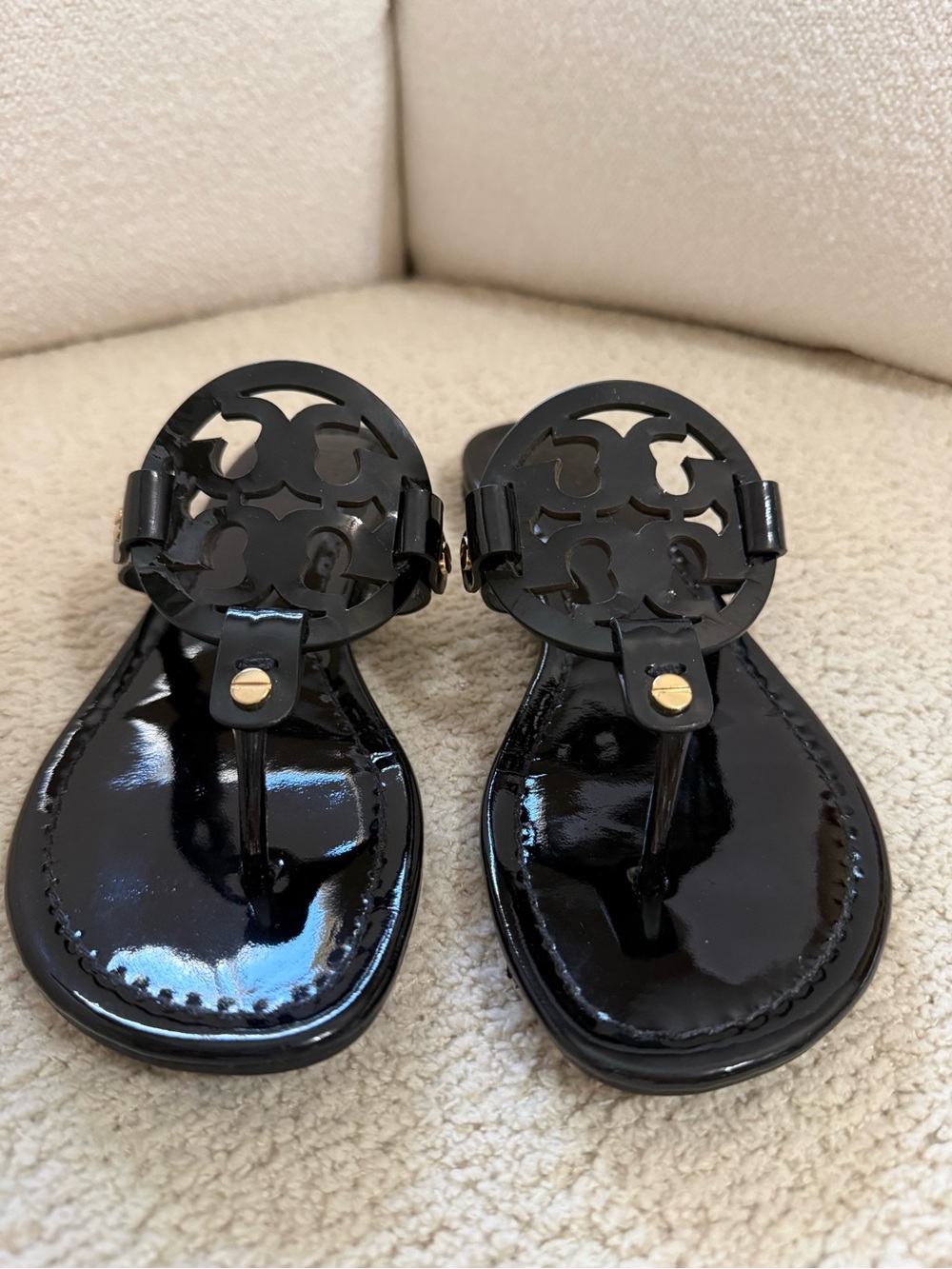 Tory Burch Black Patent Logo Toe-Post Sandals